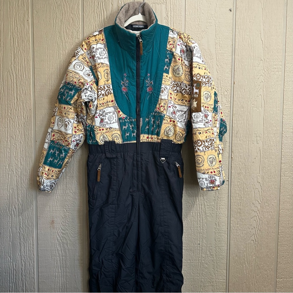 Obermeyer Kids Puffer Ski Suit in Teal and Black Print